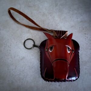 Hand tool leather crafted Horse head keychain / coin pouch with wristlet